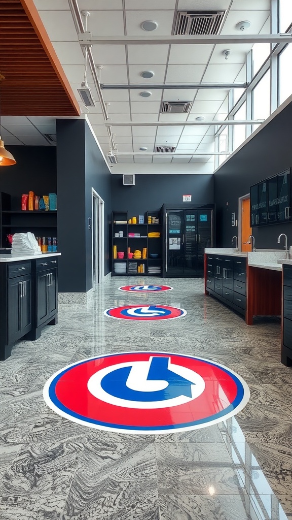 An elegant garage with a custom logo epoxy floor design featuring swirling patterns in black and gold.