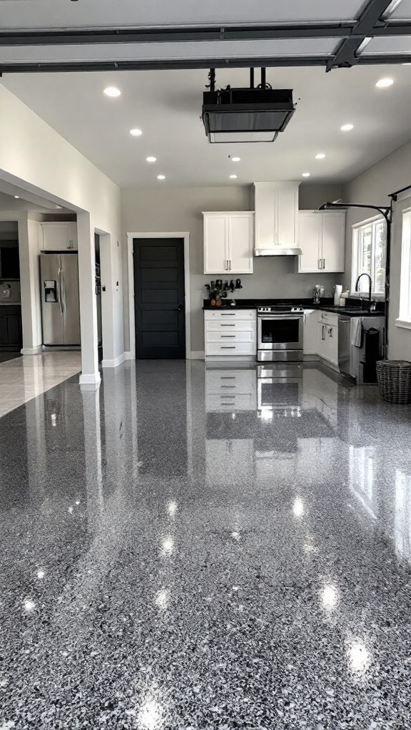 Custom-designed epoxy floor in a modern garage with polished finish