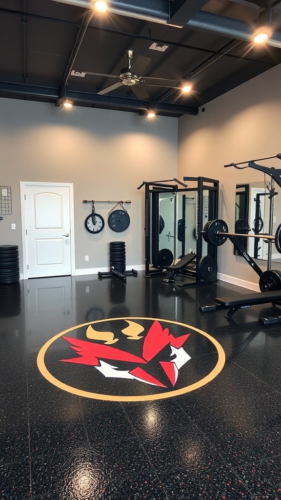 Interior space with a customized epoxy floor featuring a logo, showcasing a sleek and modern design.