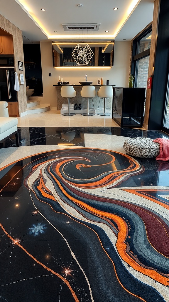 Customized epoxy floor design featuring a colorful swirl pattern.