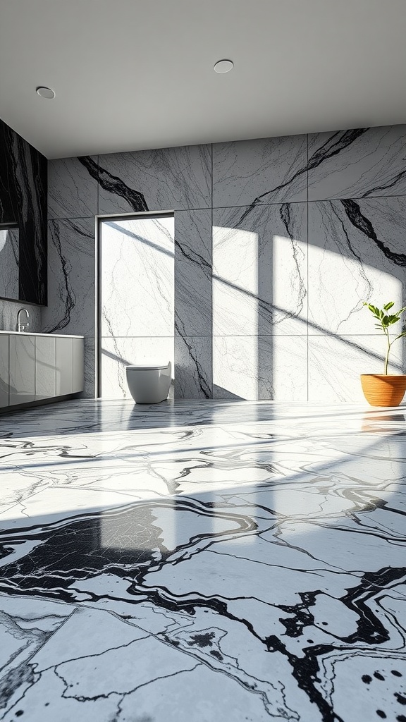 A modern room with heated marble floors, showcasing black and white marble patterns reflecting light.