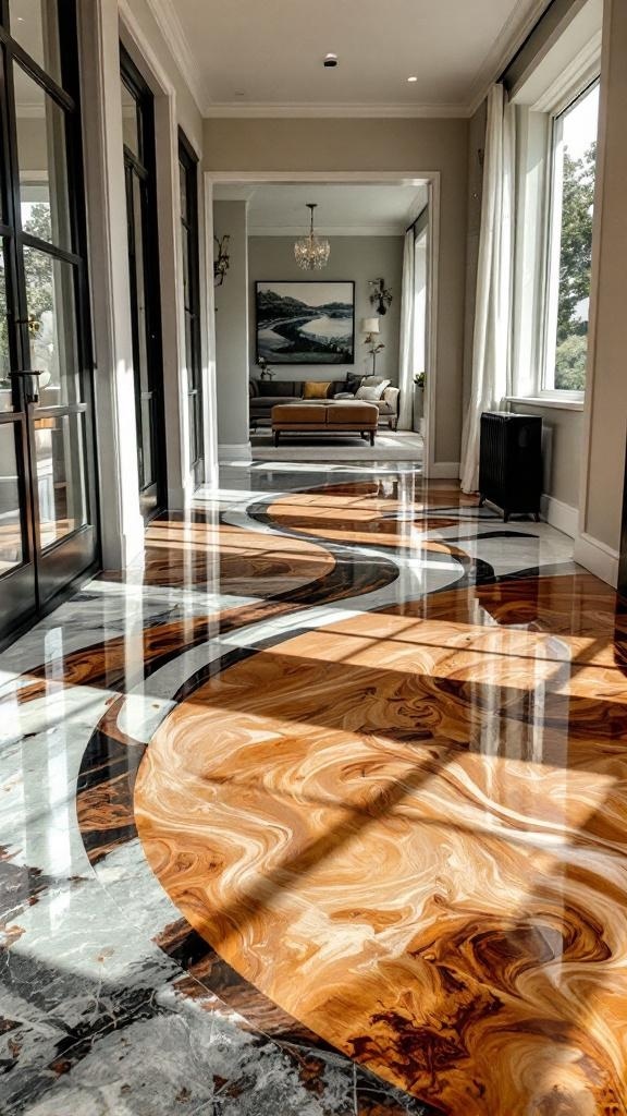 A beautifully stained epoxy floor with swirling patterns in warm tones, showcasing a modern interior.