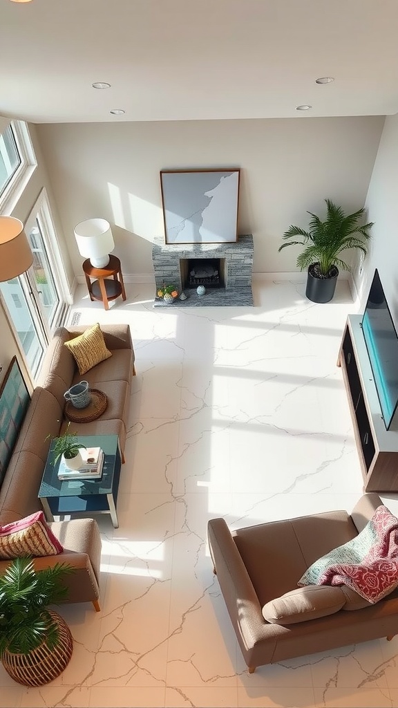 A spacious room with a stylish metallic epoxy floor featuring a white marble look and swirling patterns in gold and black.