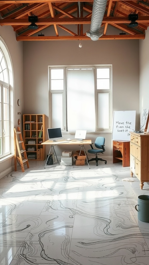 A bright room with large windows featuring a marble-like epoxy concrete floor and a wooden ceiling.
