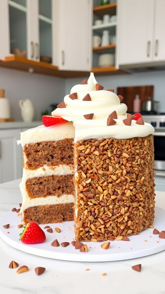 A beautiful Neapolitan cake with layers of chocolate, vanilla, and strawberry, decorated with nuts and chocolate chips.