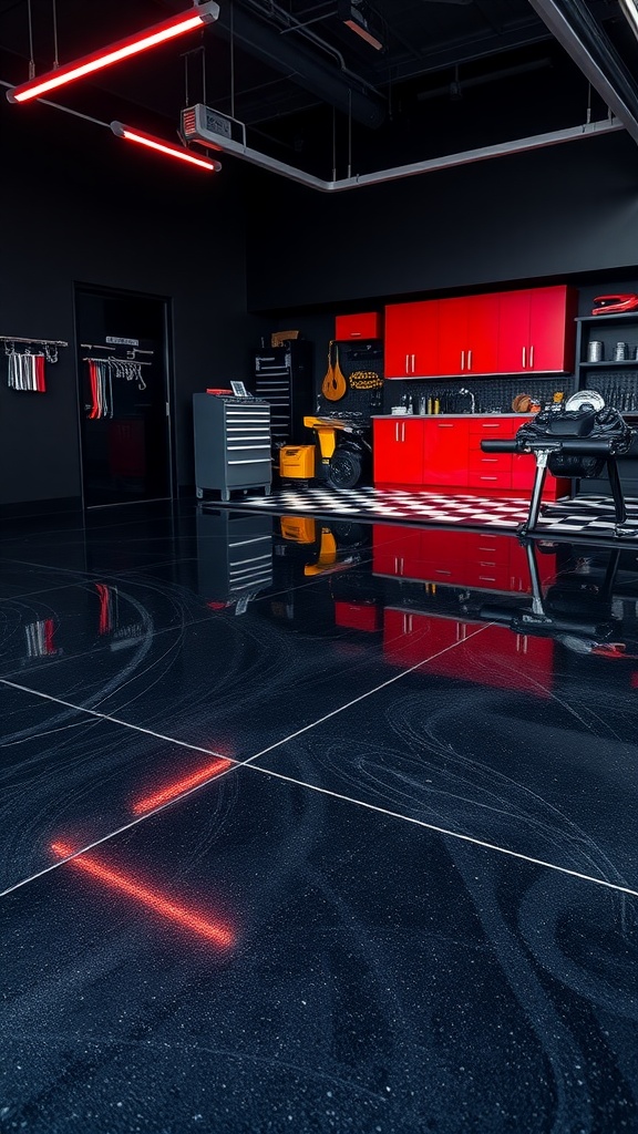 Modern garage with a black epoxy floor and red cabinetry