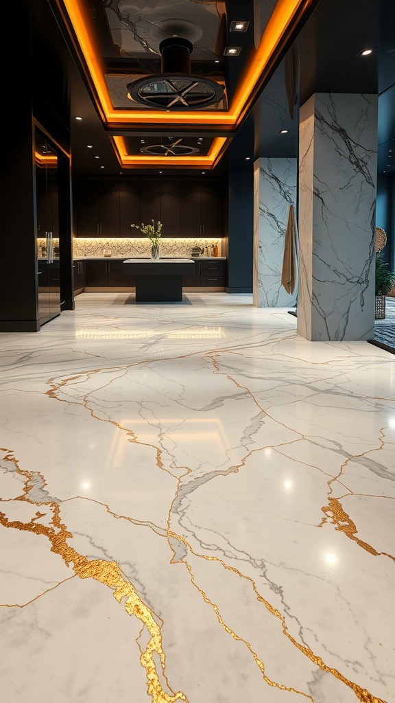 Stylish dark epoxy floor with metallic accents in a modern kitchen setting