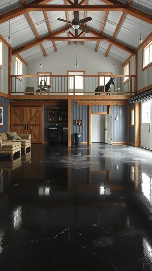 Interior of a barn featuring a black epoxy floor and wooden beams