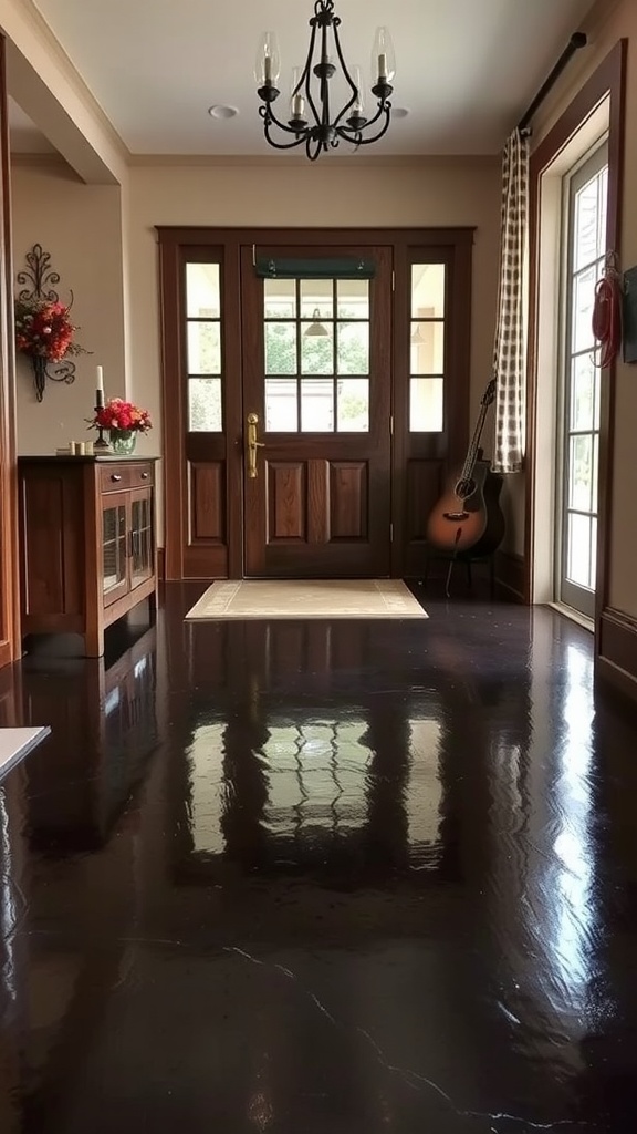 A cozy living room featuring dark stained epoxy flooring with a stone fireplace and wooden accents.