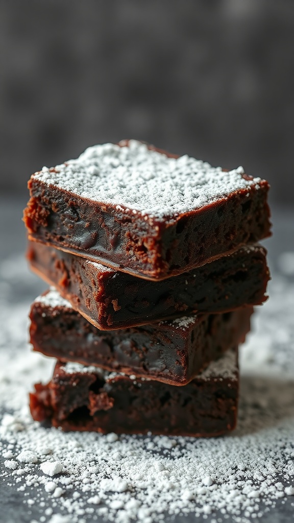 Deliciously fudgy chocolate brownies stacked and dusted with powdered sugar.