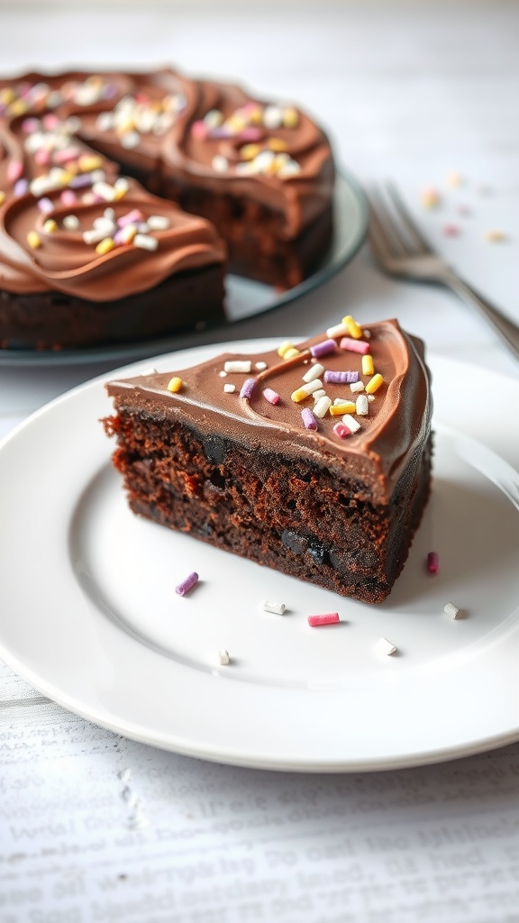 A slice of decadent chocolate cake with sprinkles on a white plate.