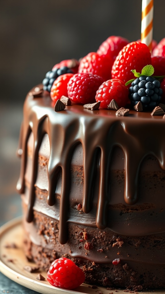 A beautifully decorated chocolate ganache cake with fresh berries on top.