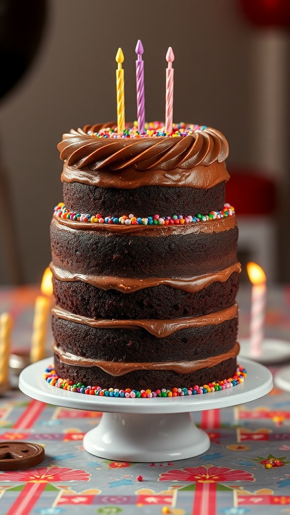 Decadent chocolate layer cake with colorful sprinkles and candles