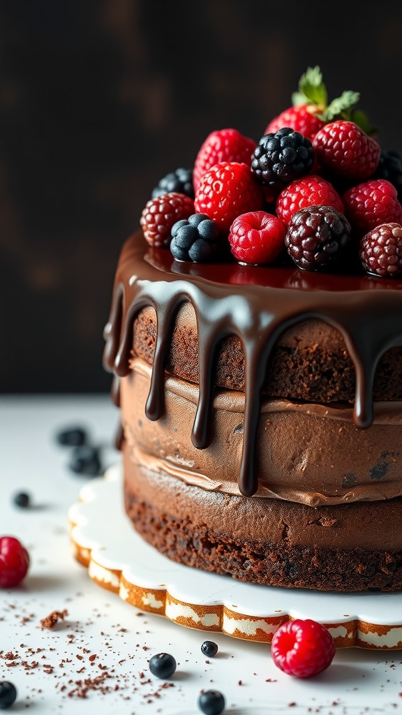 A rich chocolate layer cake topped with berries and chocolate ganache.