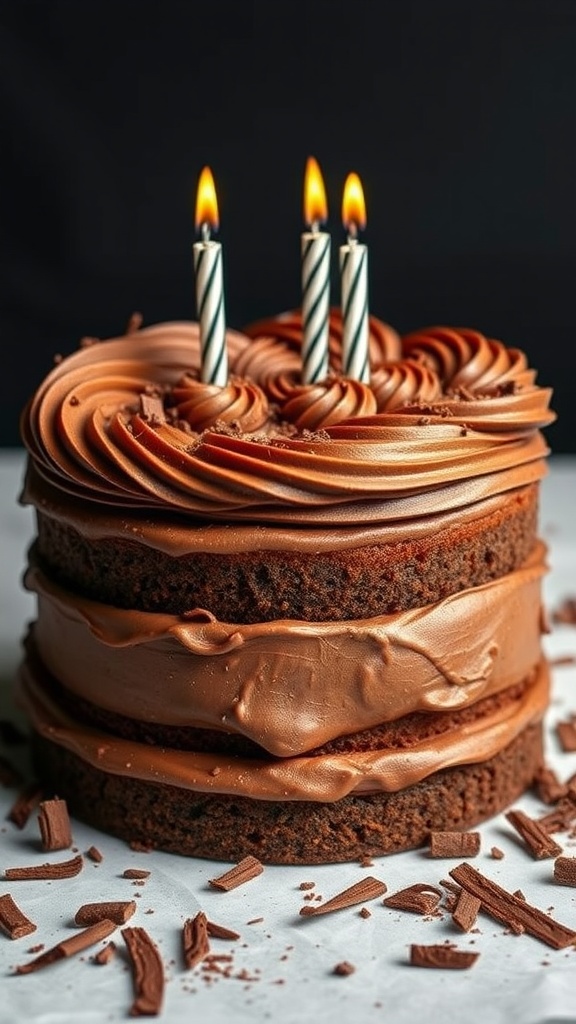 A beautifully decorated chocolate layer cake with candles