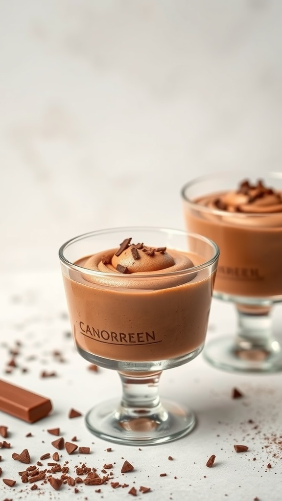 A delicious serving of chocolate mousse topped with chocolate shavings