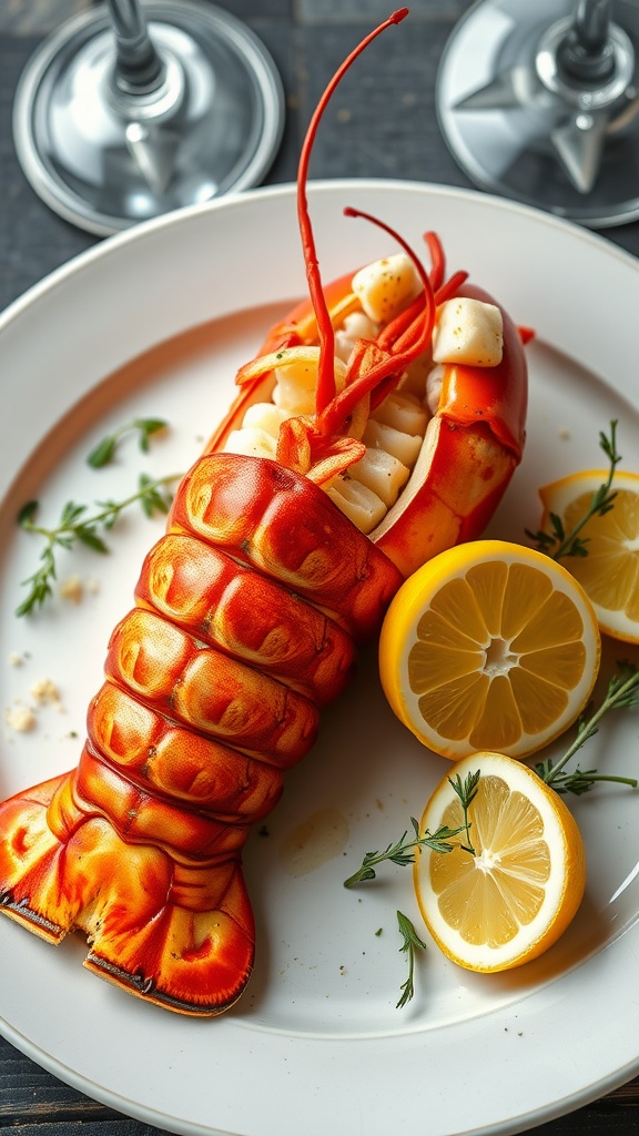 A beautifully plated lobster tail with lemon and herbs, perfect for a romantic dinner.