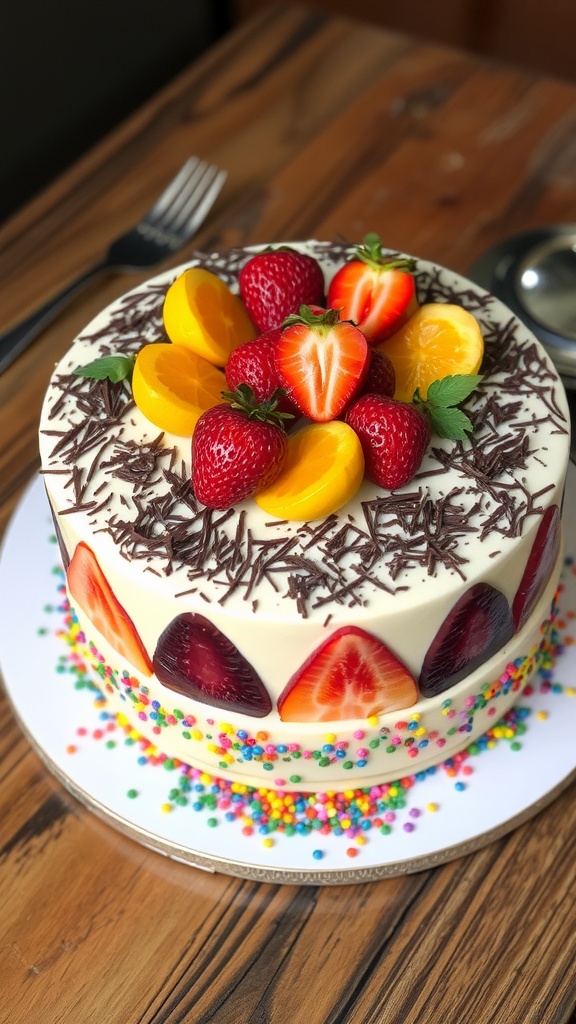 A beautifully decorated Neapolitan cake with layers of chocolate, vanilla, and strawberry, topped with fresh fruits and chocolate shavings.