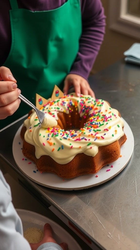A decorated King Cake with colorful icing and sprinkles