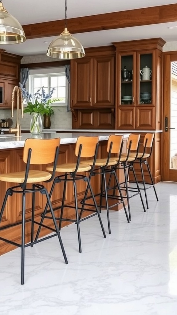 Farmhouse kitchen with epoxy flooring and modern black bar stools around a wooden island.
