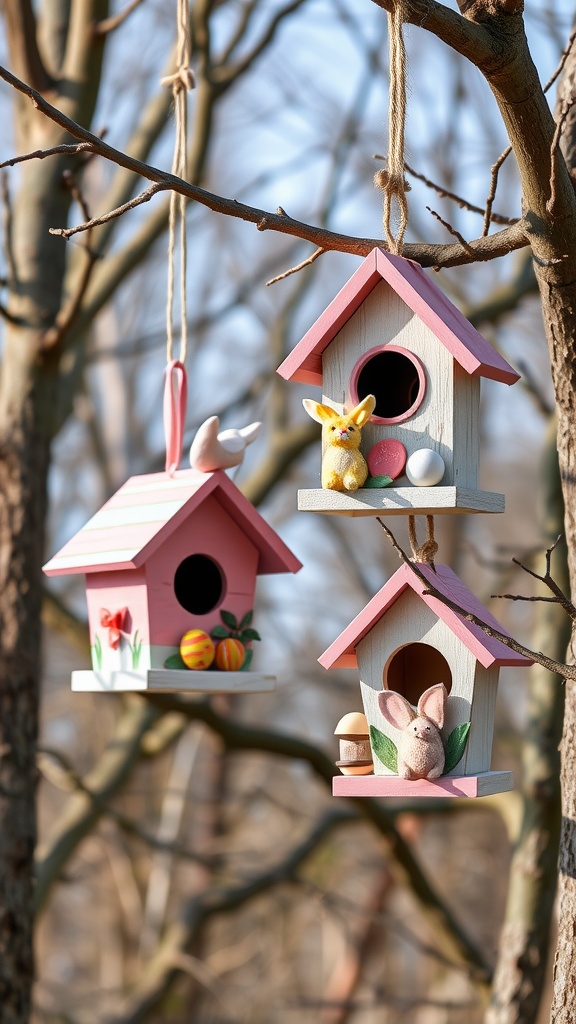 Two decorative birdhouses hanging on a tree branch, adorned with Easter-themed designs like a bunny and colorful eggs.