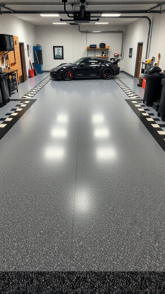 Interior view of a garage with an epoxy floor featuring a decorative black and white checkered border.