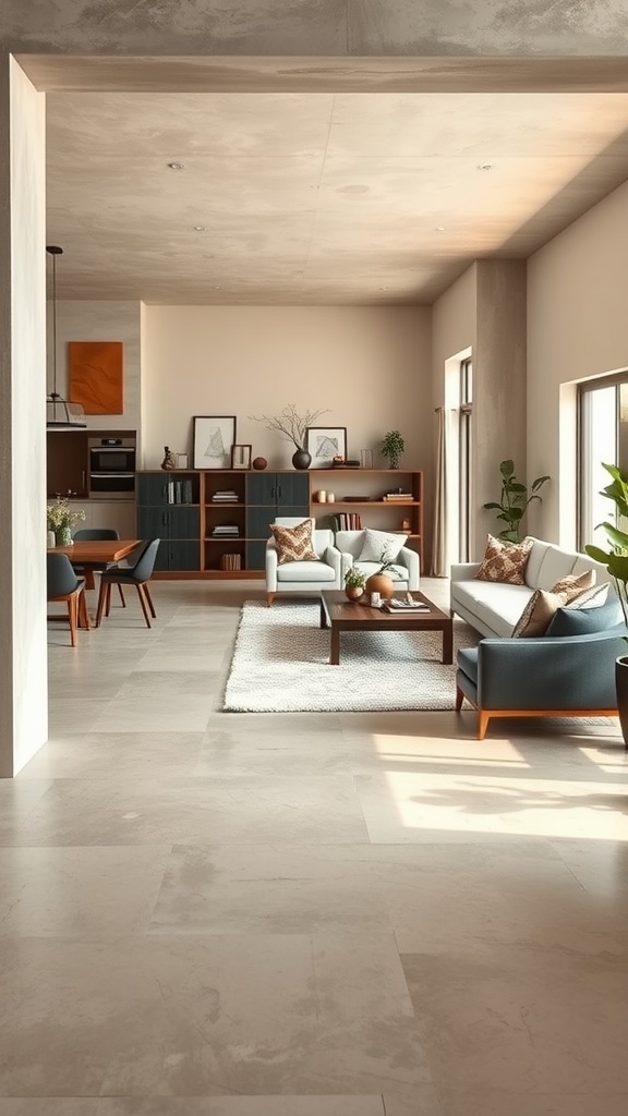 Modern living room with light cement flooring and decorative borders