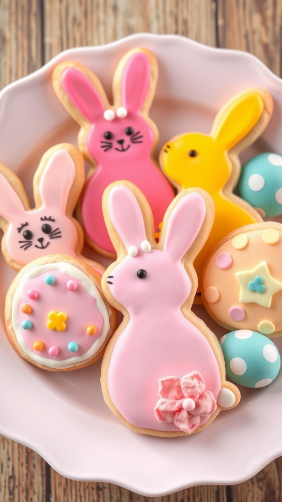 Decorative Easter cookies in various shapes and colors.