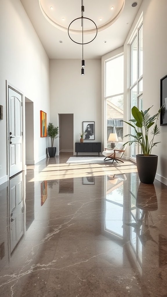 Modern entryway with glossy epoxy-coated concrete floor and stylish decor.
