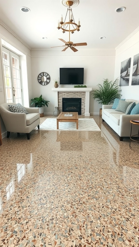 Living room with decorative flake epoxy flooring, showcasing a cozy setting with furniture and plants.