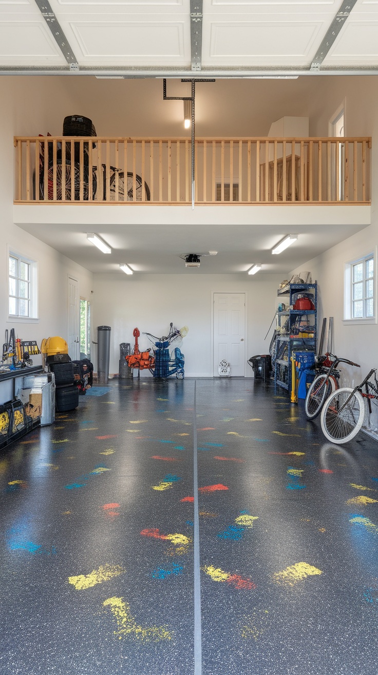 A garage with colorful decorative flakes on the epoxy floor.