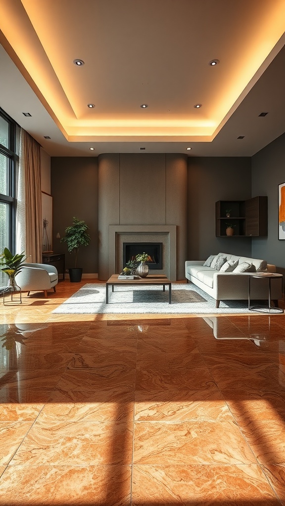 A brightly colored decorative epoxy floor in a living room with modern furniture.