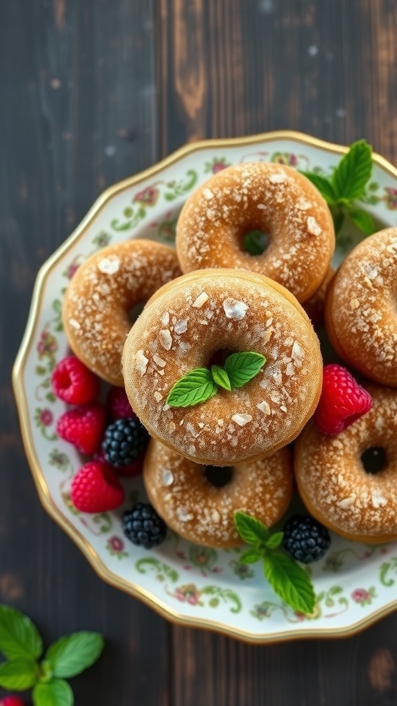 Delicious cinnamon sugar donut muffins garnished with fresh berries and mint leaves