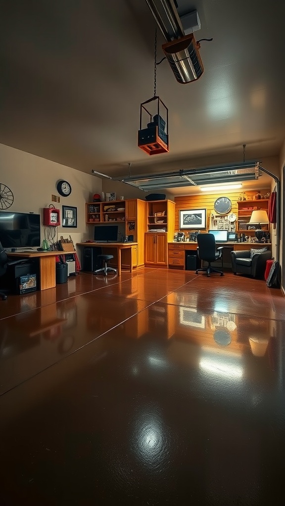 A sleek two-car garage interior featuring a polished dark brown epoxy floor, a workspace with desks, and gaming setup.