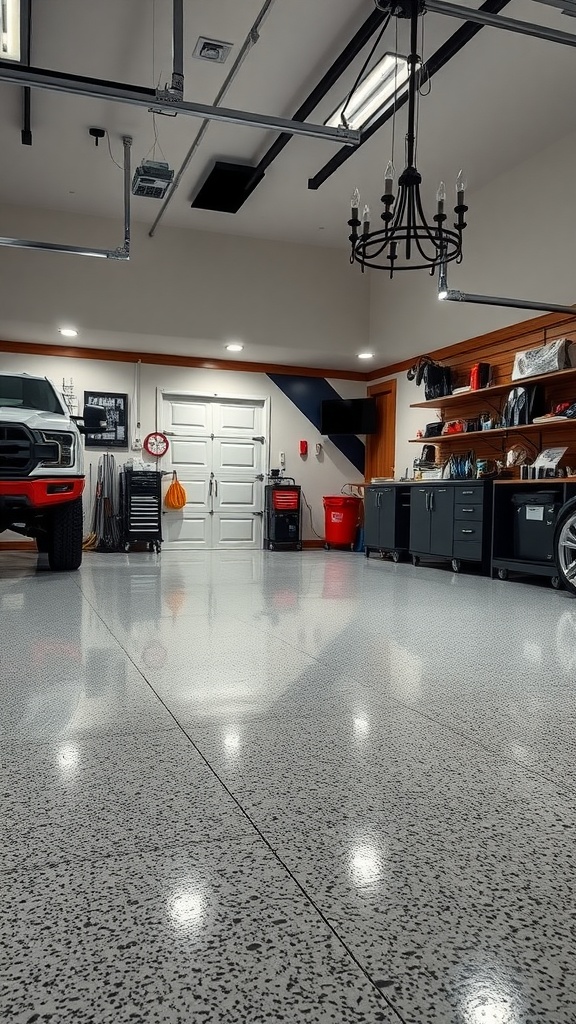Clean and organized garage workshop with epoxy floor