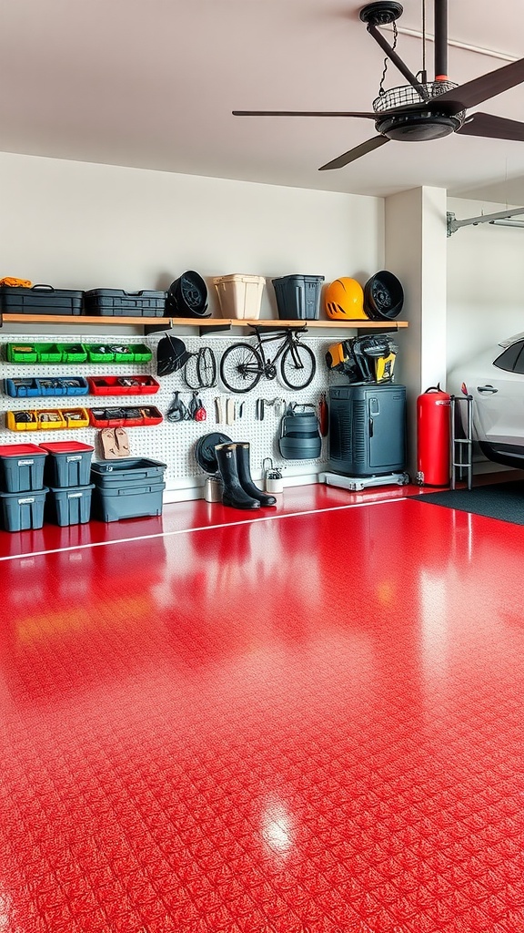 A garage with a bright red epoxy floor showcasing organized sports equipment and smart shelving.
