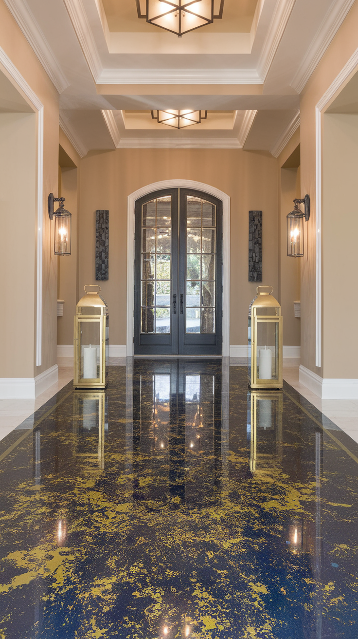 Entrance with deep blue floor and gold flakes, featuring elegant decor and lighting.