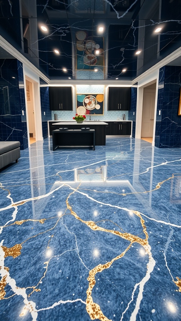 Deep blue marble epoxy floor with white flecks in a modern kitchen setting.