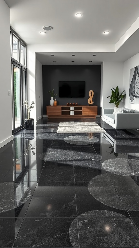 A sleek living room featuring a glossy deep charcoal epoxy floor with circular patterns, modern furniture, and large windows.