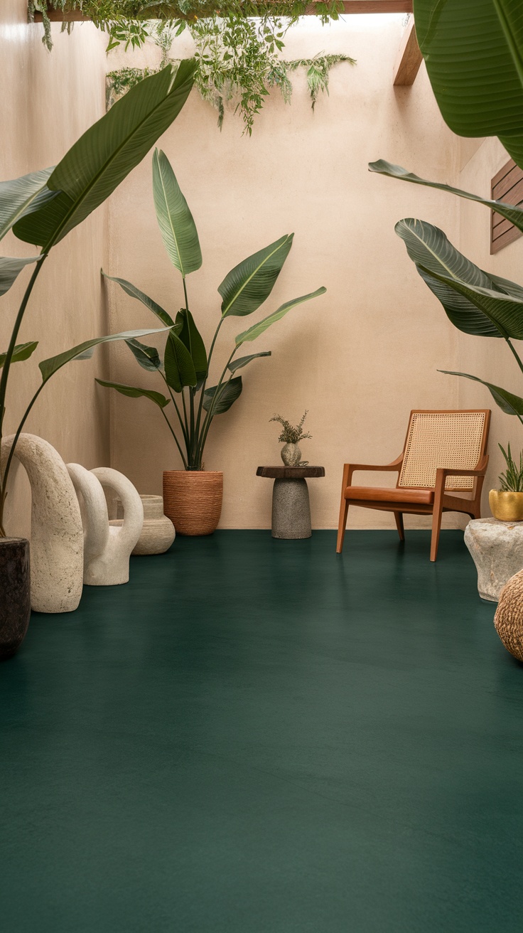 A room with deep forest green epoxy flooring and plants, featuring modern decor.