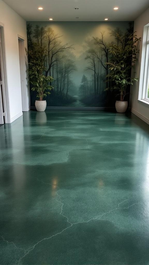Deep forest green epoxy floor with a nature-themed mural and potted plants