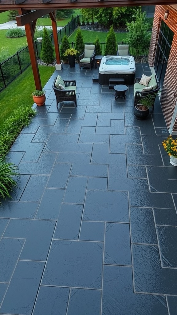 A modern patio with dark gray stamped concrete, surrounded by greenery and outdoor furniture.