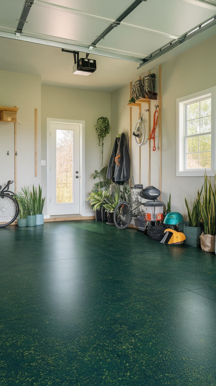 Garage with deep green epoxy floor and nature-inspired flakes, featuring plants and outdoor gear.