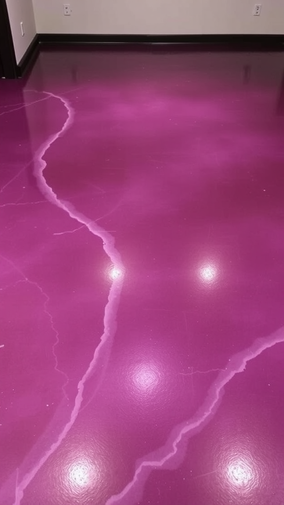 An epoxy floor featuring deep plum and soft lavender colors with white star-like patterns.