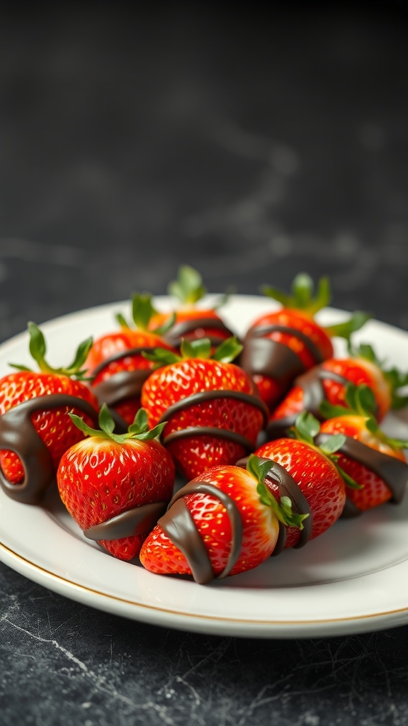 A plate of chocolate-covered strawberries drizzled with chocolate.