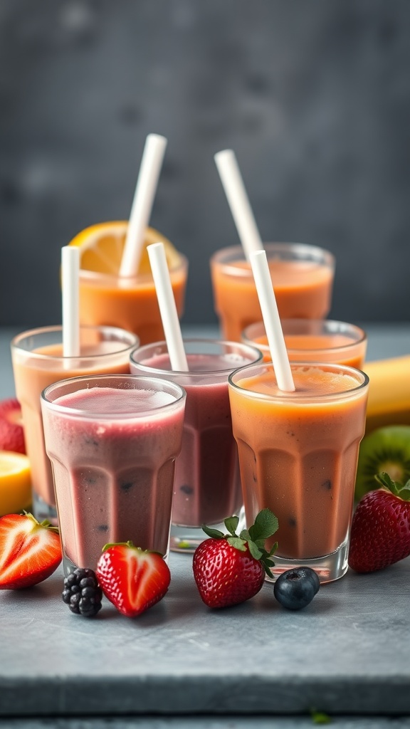 Colorful mini smoothie cups filled with various fruits, garnished with mint leaves.