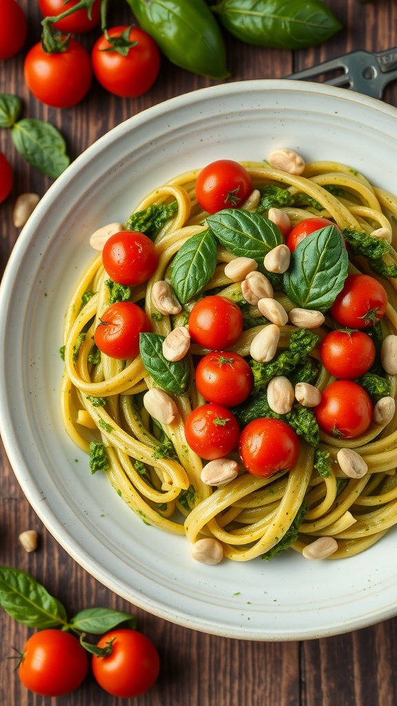 A bowl of delicious pesto pasta topped with cherry tomatoes and fresh basil.
