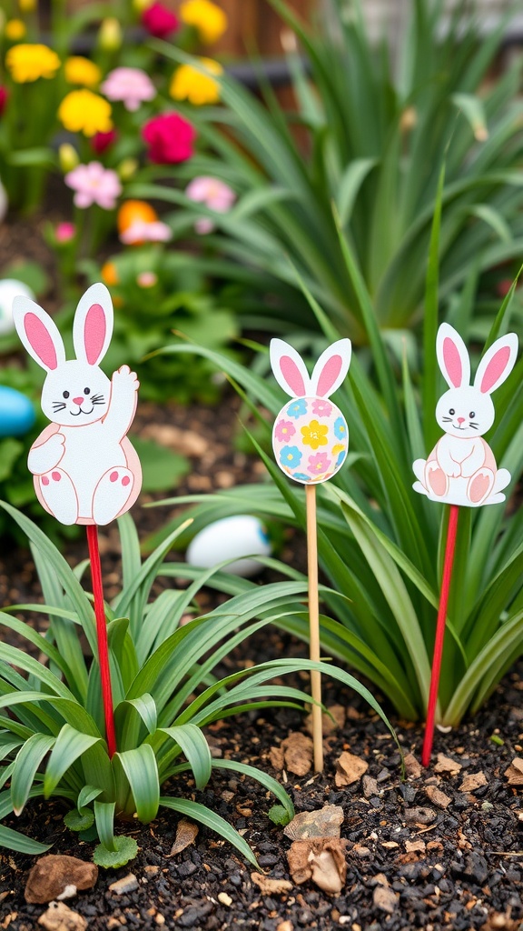 Three colorful garden stakes featuring bunnies and decorated egg among blooming flowers