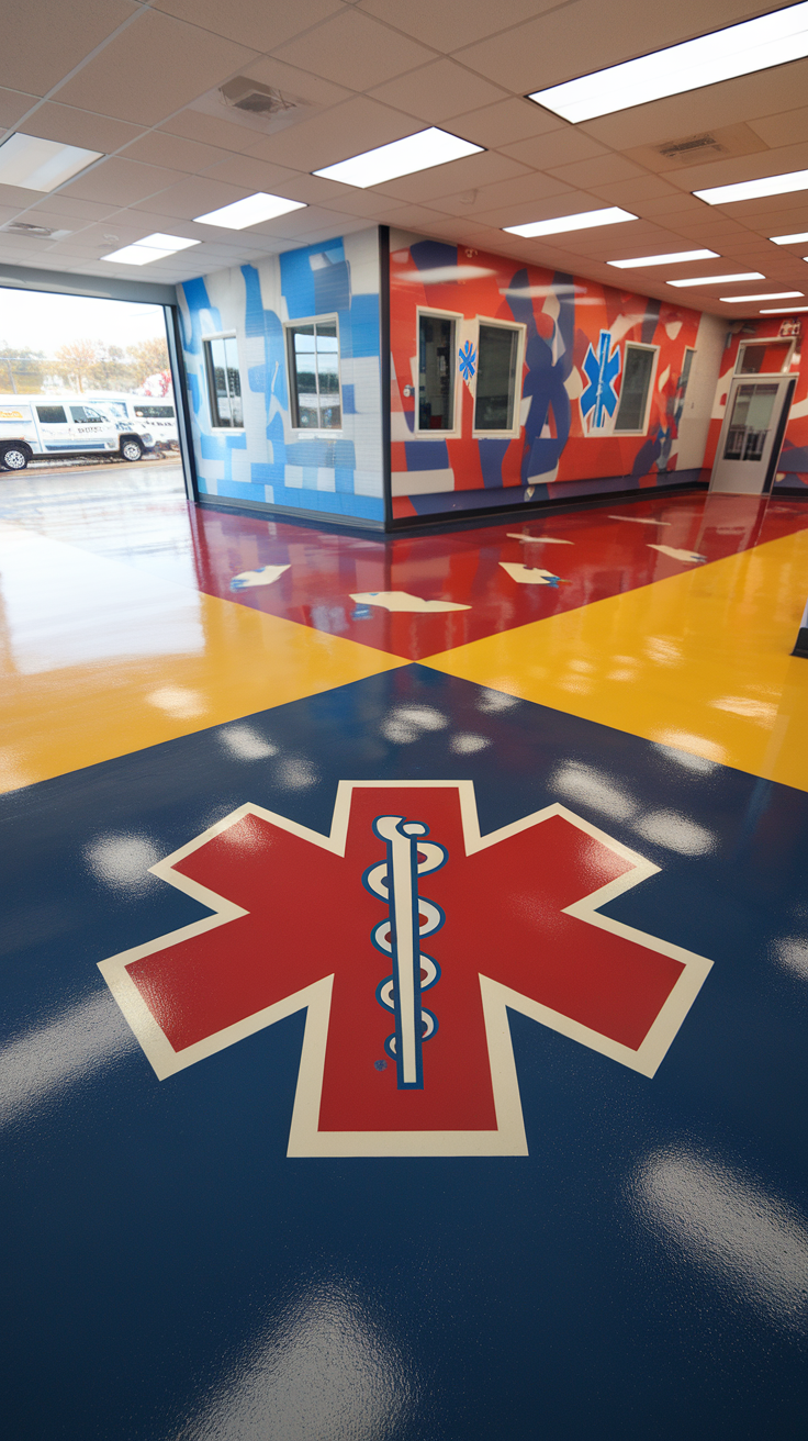 Vibrant epoxy coated floor with emergency service symbols and colorful patterns.