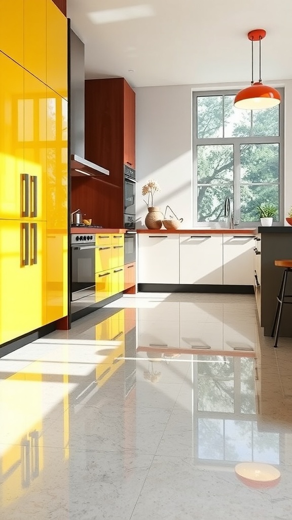 Colorful epoxy floor in a modern kitchen with wooden cabinets